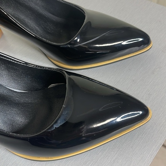 Ladies Fashion Black Patent Faux Leather Block Heel Shoes Pointed Sz 39/8.5 - Picture 8 of 11